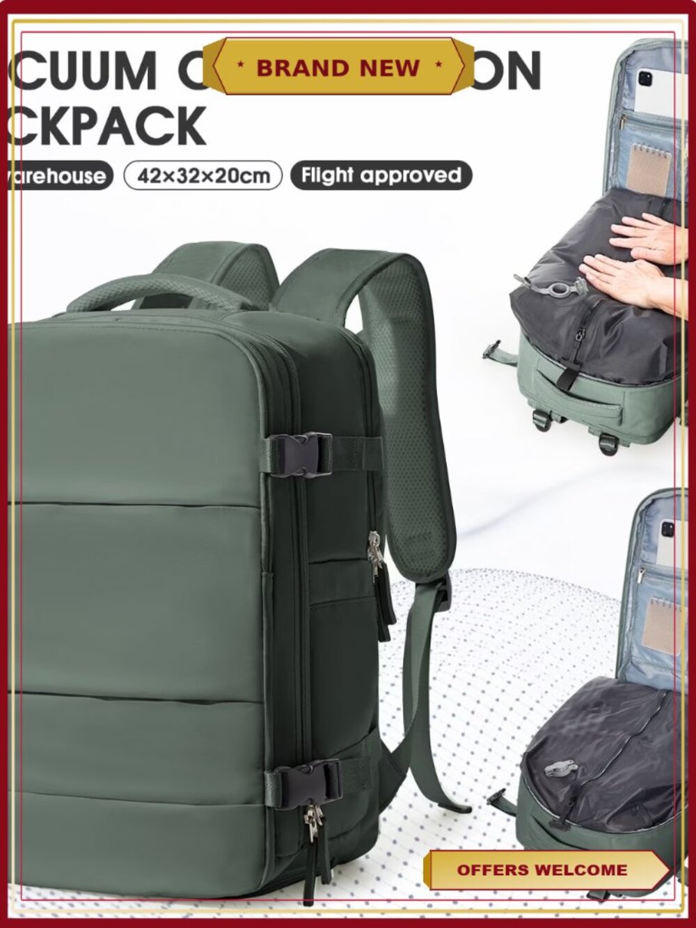 Vacuum Compression Travel Backpack with Pump, USB Port, Waterproof Nylon,